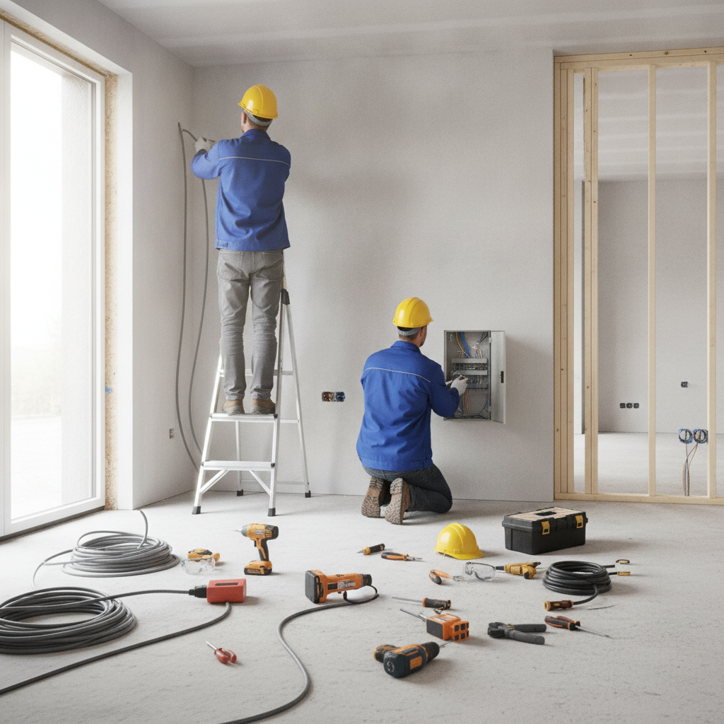 Create a realistic, professional service-business photograph showing Electrical Installation from behind, with the backs of their heads visible. Do not show any faces, facial features, front-facing views or side views, profiles, or identifi