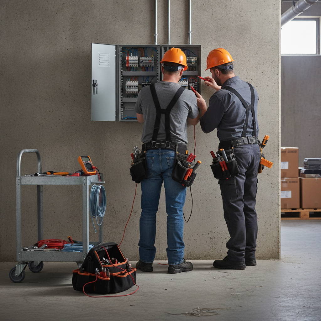 Create a realistic, professional service-business photograph showing Circuit Breaker Repair from behind, with the backs of their heads visible. Do not show any faces, facial features, front-facing views or side views, profiles, or identifia