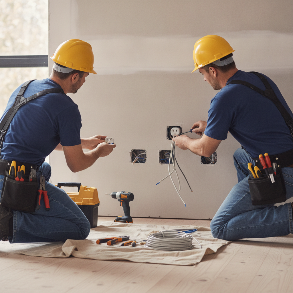 Create a realistic, professional service-business photograph showing Outlet Installation from behind, with the backs of their heads visible. Do not show any faces, facial features, front-facing views or side views, profiles, or identifiable