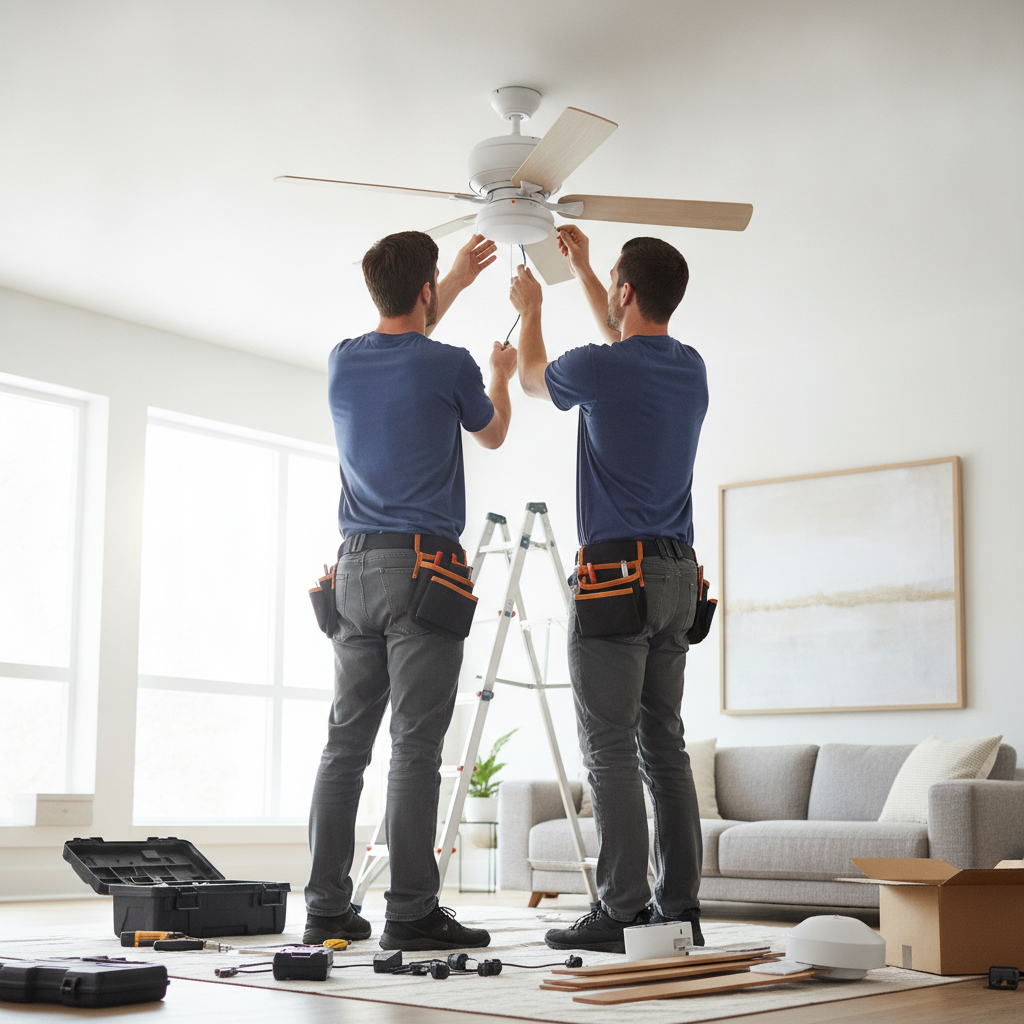 Create a realistic, professional service-business photograph showing Ceiling Fan Installation from behind, with the backs of their heads visible. Do not show any faces, facial features, front-facing views or side views, profiles, or identif