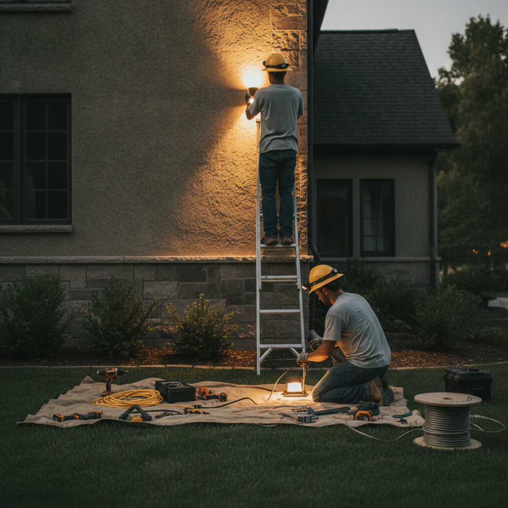 Create a realistic, professional service-business photograph showing Lighting Installation from behind, with the backs of their heads visible. Do not show any faces, facial features, front-facing views or side views, profiles, or identifiab